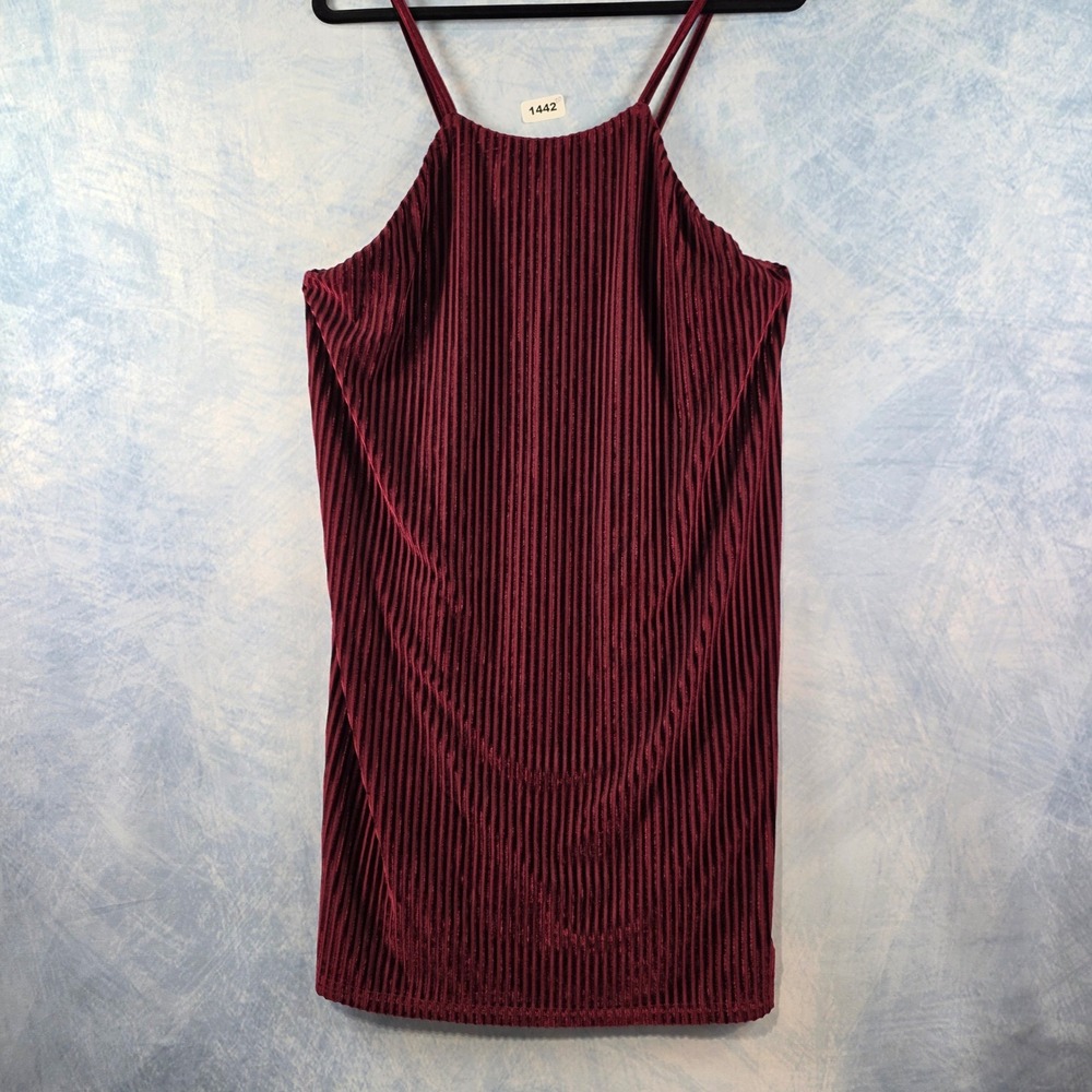 Very J Burgundy Pleated Shimmer Mini Dress Womens Large Halter Neck